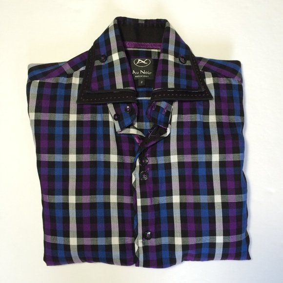 Au Noir Mens Dress Shirt Sz 2 Small Multicolor Plaid Contrasting Flip Cuff - Picture 1 of 11